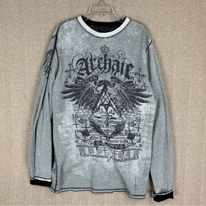 🚨 SOLD 🚨 Archaic Thermal Shirt 2XL Reversible Gray Long Sleeve Skull Cross Y2K